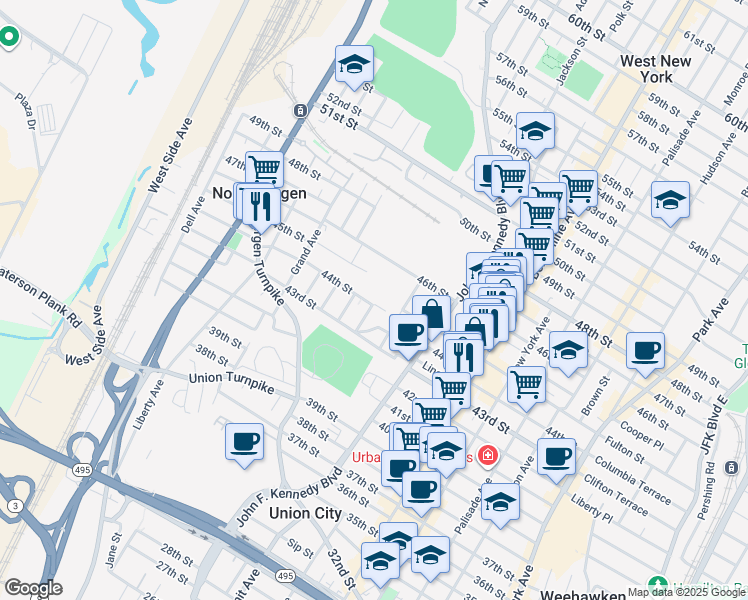 map of restaurants, bars, coffee shops, grocery stores, and more near 1223 46th Street in North Bergen