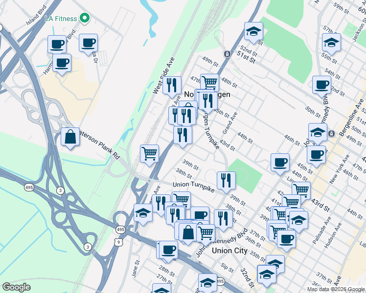 map of restaurants, bars, coffee shops, grocery stores, and more near 1728 41st Street in North Bergen
