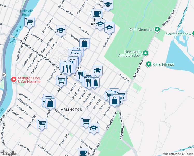 map of restaurants, bars, coffee shops, grocery stores, and more near 9 Arlington Avenue in North Arlington