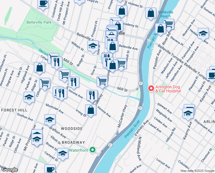 map of restaurants, bars, coffee shops, grocery stores, and more near 29 Washington Avenue in Belleville