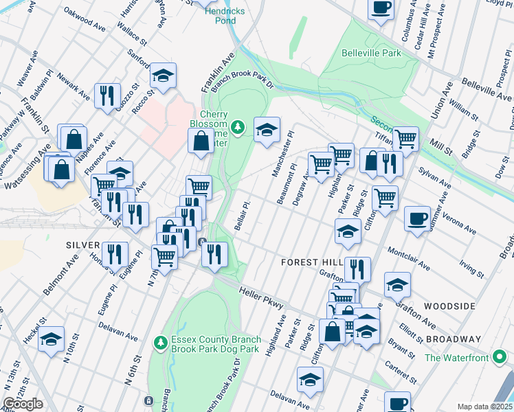 map of restaurants, bars, coffee shops, grocery stores, and more near 341 Montclair Avenue in Newark