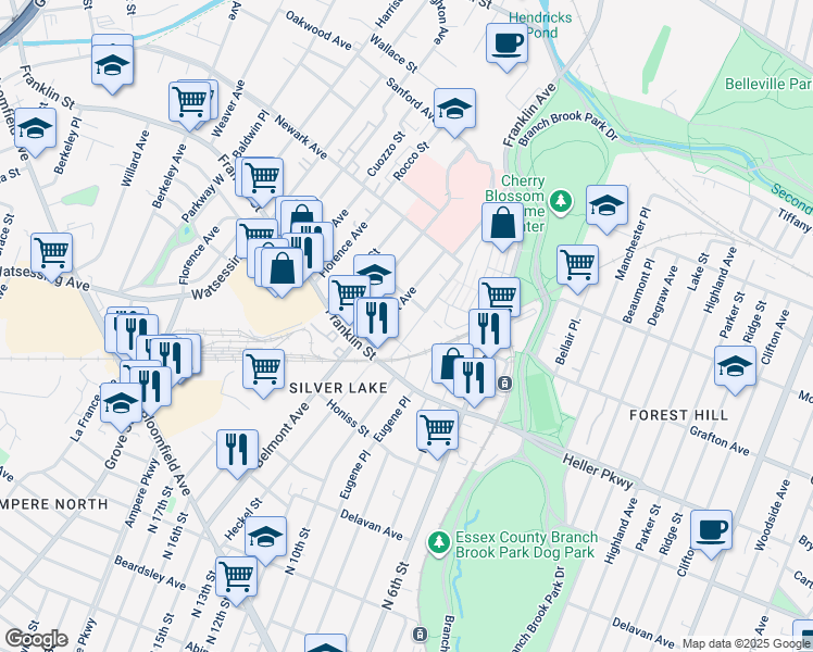 map of restaurants, bars, coffee shops, grocery stores, and more near 244 Belmont Avenue in Belleville