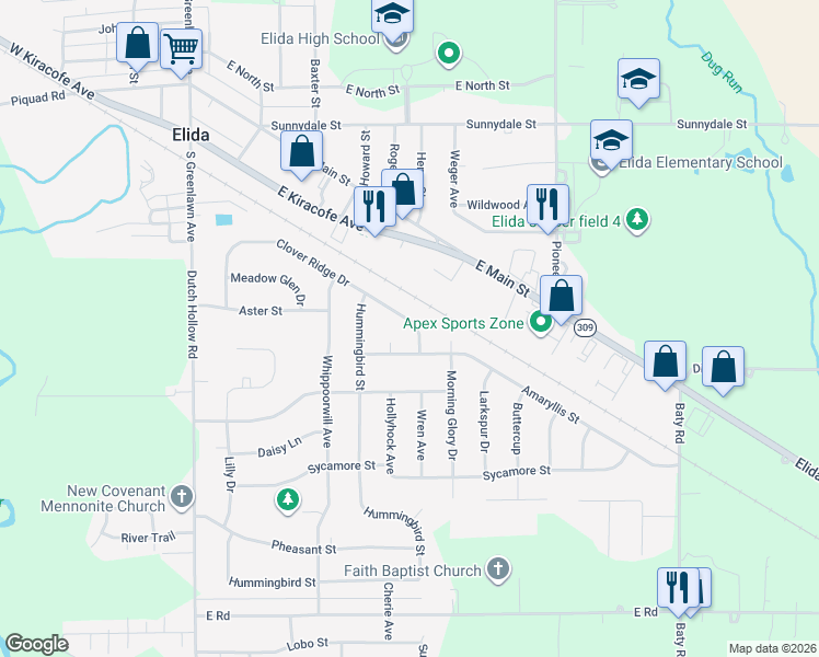 map of restaurants, bars, coffee shops, grocery stores, and more near 5648 Clover Ridge Drive in Elida