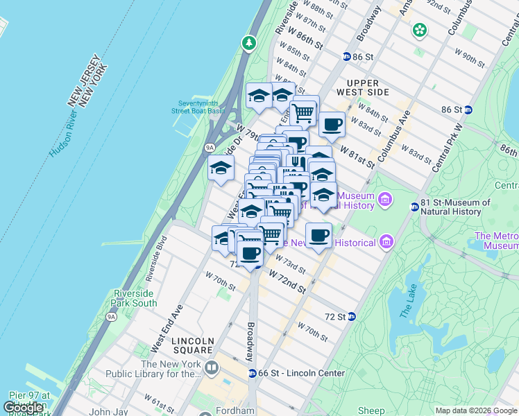 map of restaurants, bars, coffee shops, grocery stores, and more near 235 West 75th Street in New York