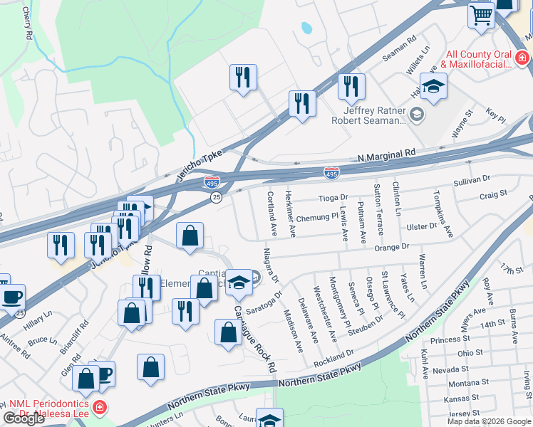 map of restaurants, bars, coffee shops, grocery stores, and more near 16 Cortland Avenue in Jericho