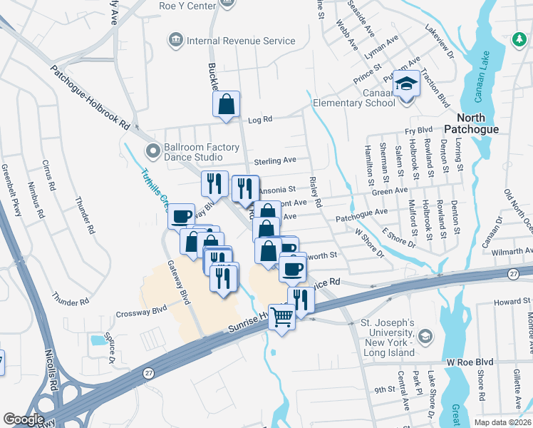 map of restaurants, bars, coffee shops, grocery stores, and more near 18 Fairmont Avenue in Patchogue