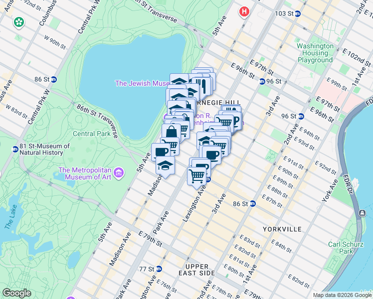 map of restaurants, bars, coffee shops, grocery stores, and more near 49 East 88th Street in New York