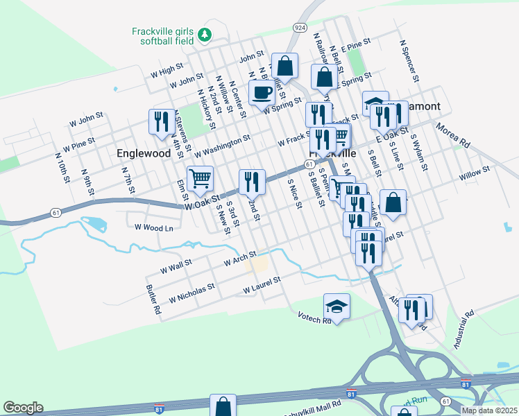 map of restaurants, bars, coffee shops, grocery stores, and more near 139 South 2nd Street in Frackville