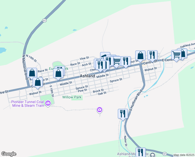 map of restaurants, bars, coffee shops, grocery stores, and more near 1017 Walnut Street in Ashland