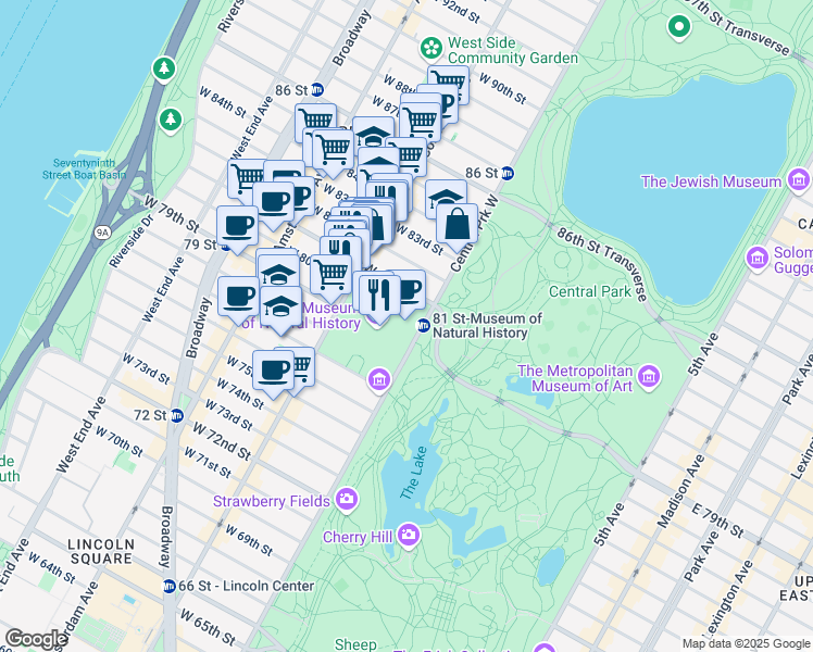 map of restaurants, bars, coffee shops, grocery stores, and more near 200 Central Park West in New York