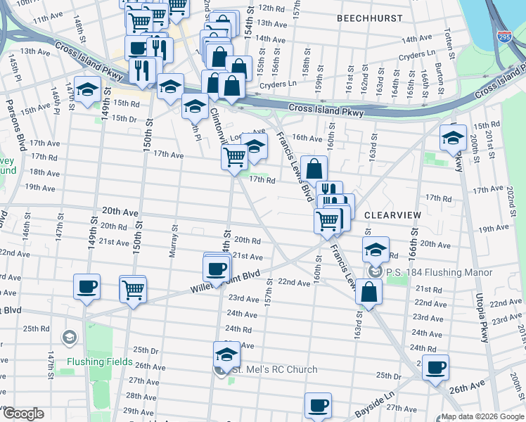 map of restaurants, bars, coffee shops, grocery stores, and more near 19-7 Clintonville Street in Queens