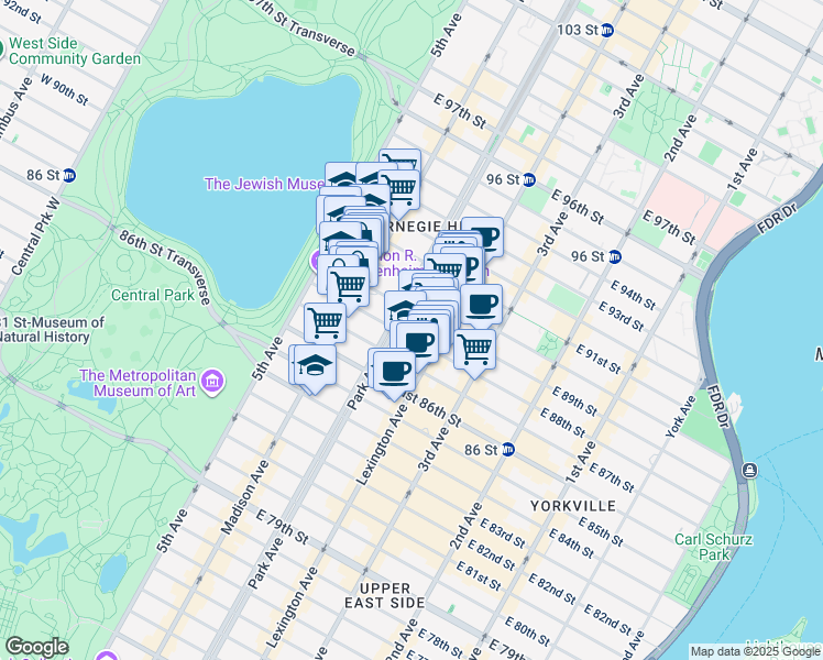 map of restaurants, bars, coffee shops, grocery stores, and more near 105 East 88th Street in New York