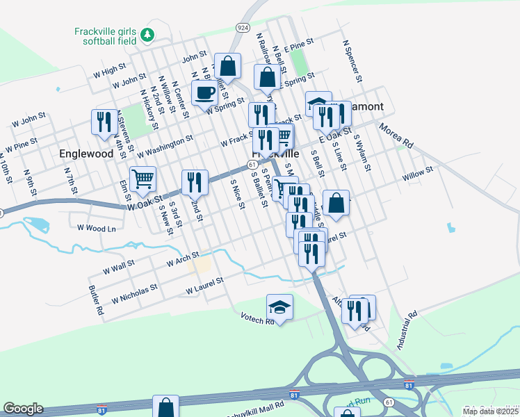map of restaurants, bars, coffee shops, grocery stores, and more near 220 South Balliet Street in Frackville