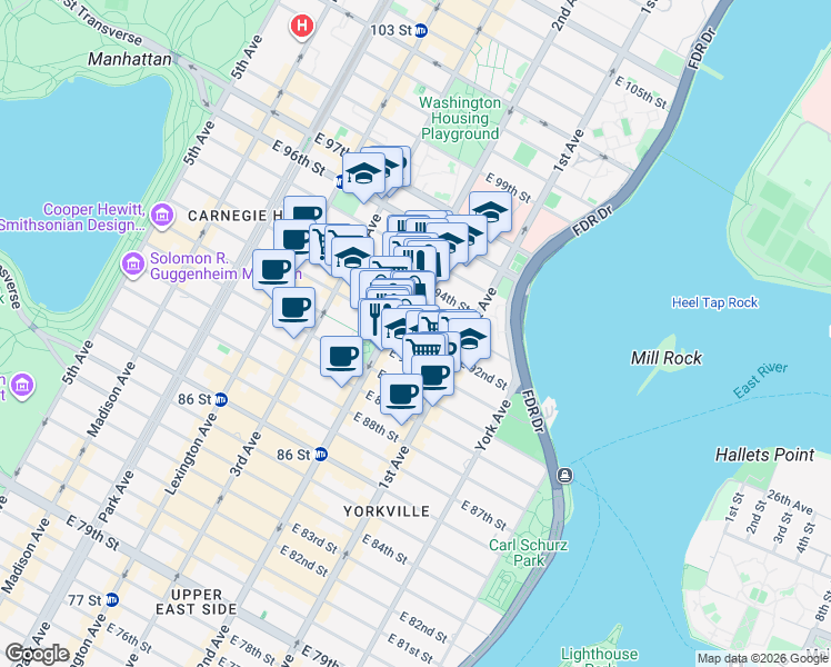 map of restaurants, bars, coffee shops, grocery stores, and more near 240 East 93rd Street in New York
