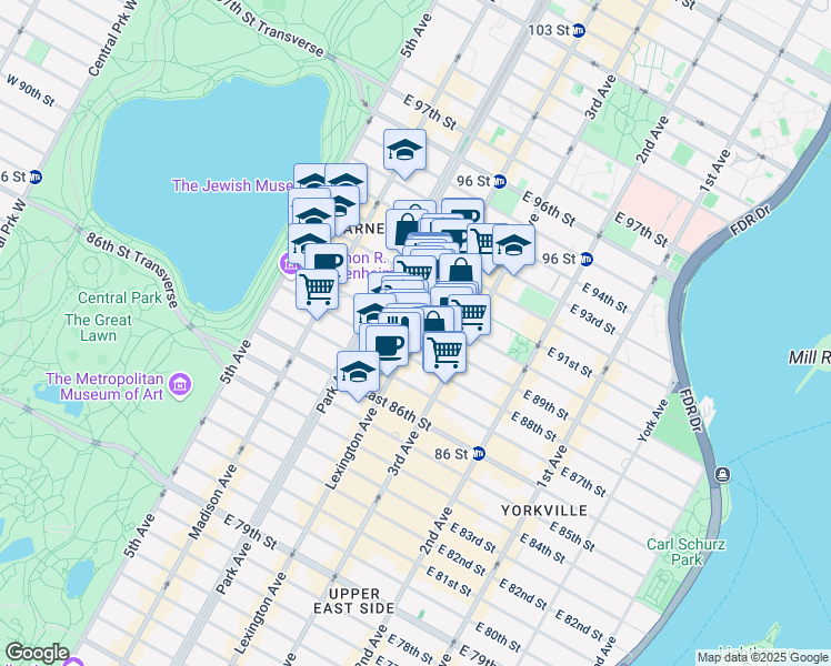 map of restaurants, bars, coffee shops, grocery stores, and more near Lexington Ave & E 89th St in New York