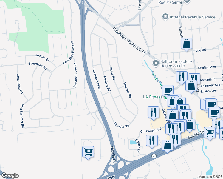 map of restaurants, bars, coffee shops, grocery stores, and more near 120 Cirrus Road in Holbrook