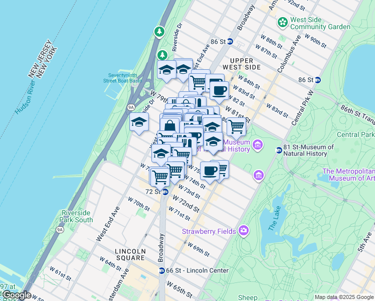 map of restaurants, bars, coffee shops, grocery stores, and more near 340 Amsterdam Avenue in New York
