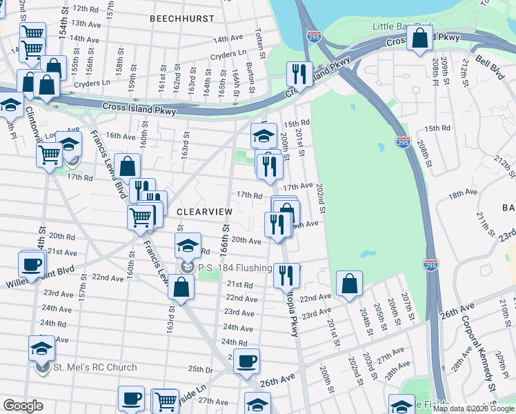 map of restaurants, bars, coffee shops, grocery stores, and more near 166-66 17th Road in Queens