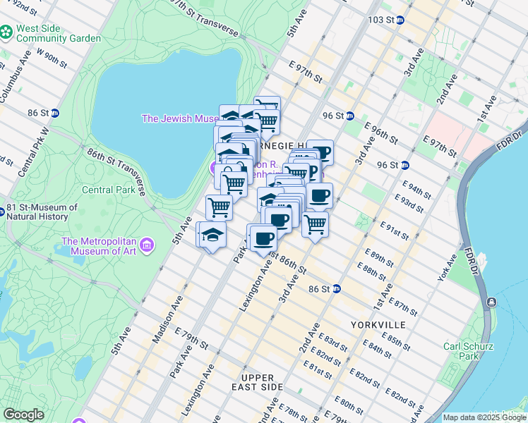 map of restaurants, bars, coffee shops, grocery stores, and more near Park Ave & E 88th St in New York