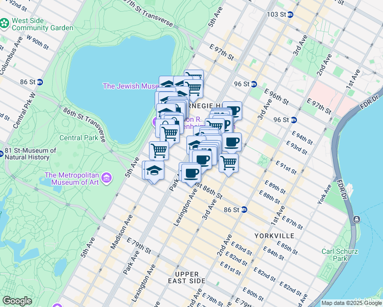 map of restaurants, bars, coffee shops, grocery stores, and more near East 88th Street in New York