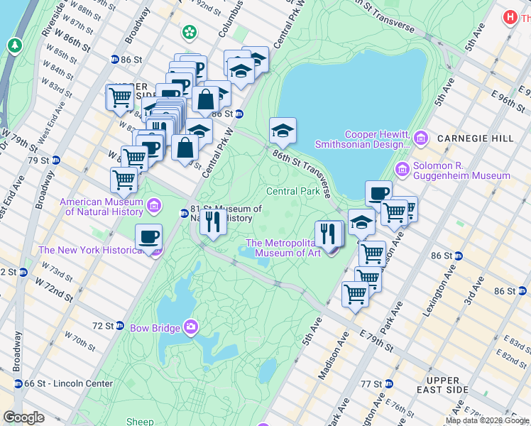 map of restaurants, bars, coffee shops, grocery stores, and more near 75 Great Lawn Oval in New York