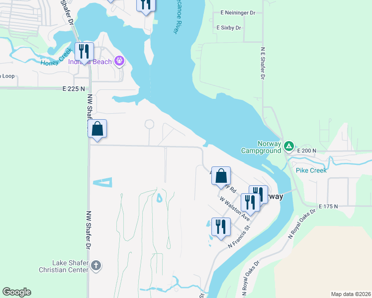 map of restaurants, bars, coffee shops, grocery stores, and more near 5468 East Fairbanks Court in Monticello