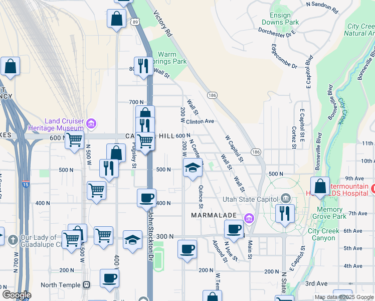 map of restaurants, bars, coffee shops, grocery stores, and more near 550 North 200 West in Salt Lake City