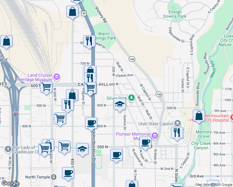 map of restaurants, bars, coffee shops, grocery stores, and more near 575 North 200 West in Salt Lake City