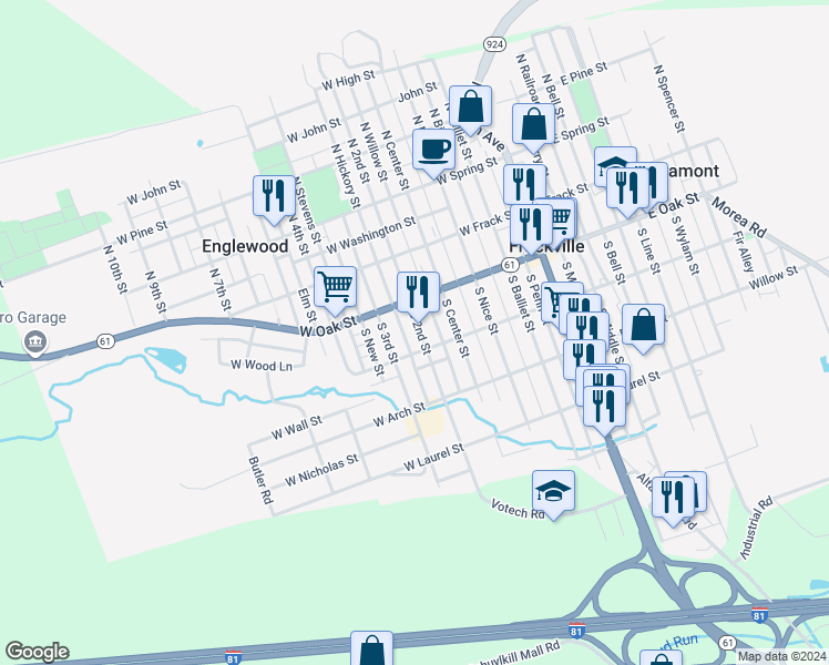 map of restaurants, bars, coffee shops, grocery stores, and more near 140 South 2nd Street in Frackville