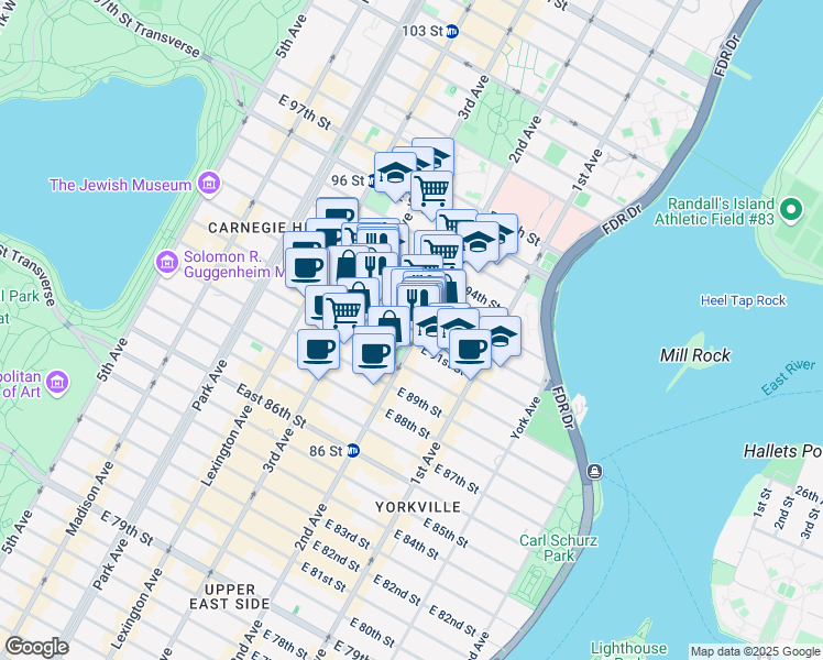 map of restaurants, bars, coffee shops, grocery stores, and more near 1625 3rd Avenue in New York