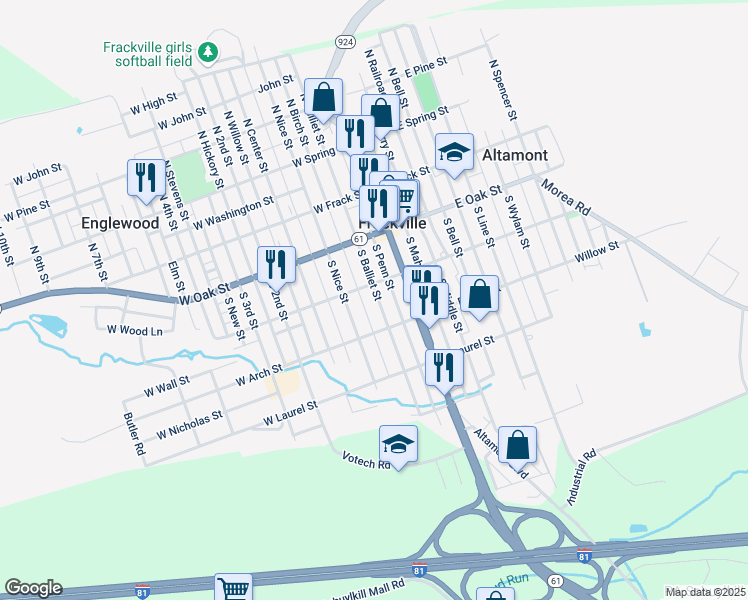map of restaurants, bars, coffee shops, grocery stores, and more near 220 South Balliet Street in Frackville