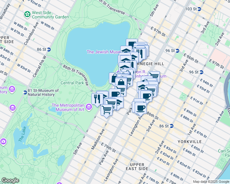 map of restaurants, bars, coffee shops, grocery stores, and more near 7 East 86th Street in New York