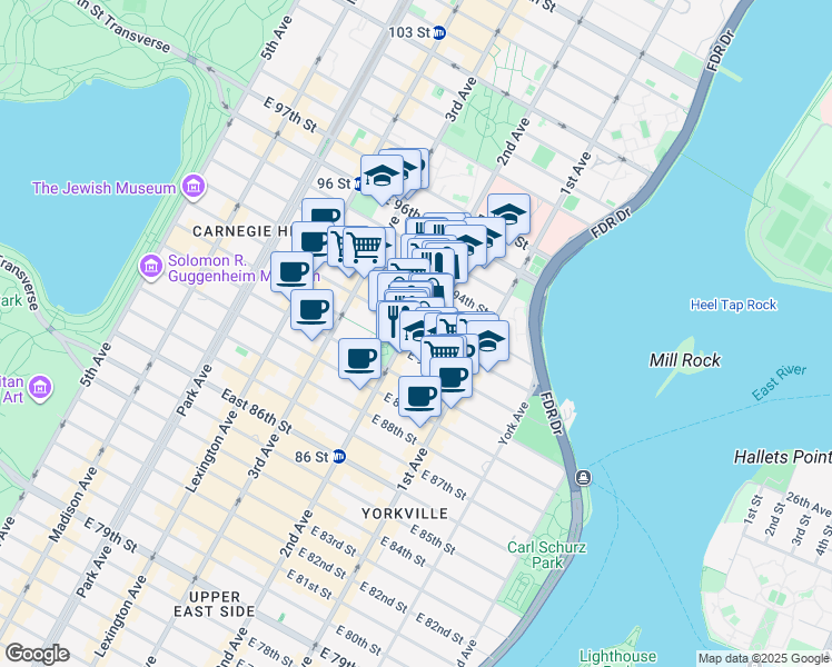 map of restaurants, bars, coffee shops, grocery stores, and more near 240 East 93rd Street in New York
