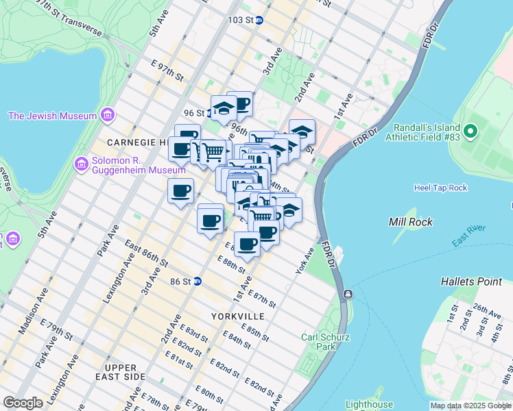 map of restaurants, bars, coffee shops, grocery stores, and more near 313 East 92nd Street in New York