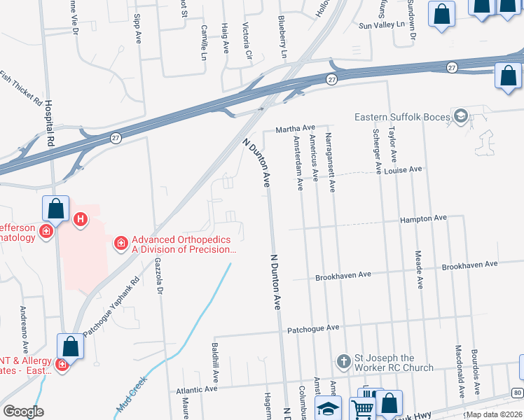 map of restaurants, bars, coffee shops, grocery stores, and more near 648 North Dunton Avenue in Patchogue
