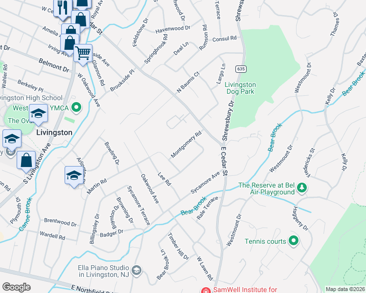 map of restaurants, bars, coffee shops, grocery stores, and more near 22 Montgomery Road in Livingston