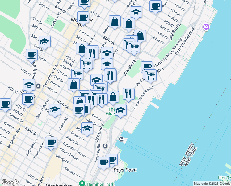 map of restaurants, bars, coffee shops, grocery stores, and more near 5404 Park Avenue in West New York