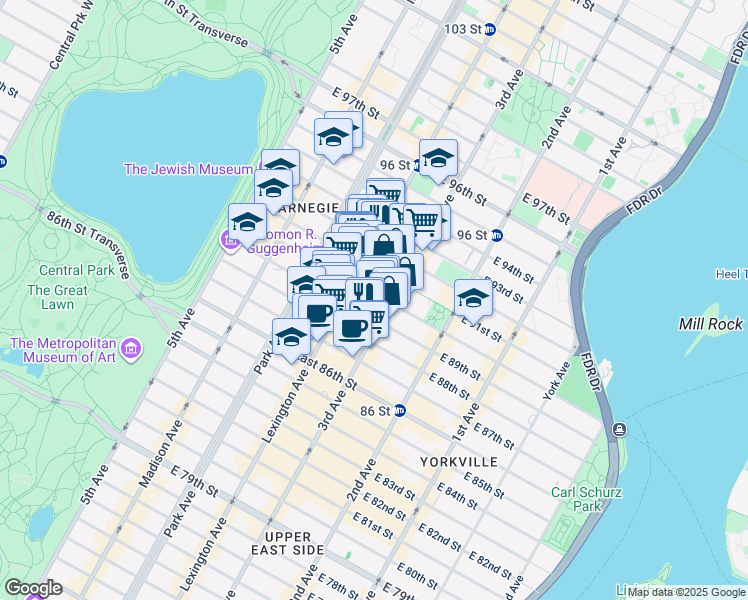 map of restaurants, bars, coffee shops, grocery stores, and more near 172 East 90th Street in New York