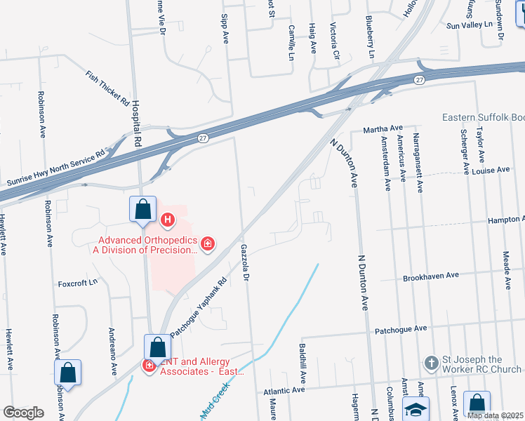 map of restaurants, bars, coffee shops, grocery stores, and more near Sills Road in East Patchogue
