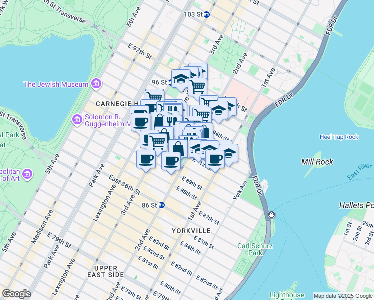 map of restaurants, bars, coffee shops, grocery stores, and more near in New York