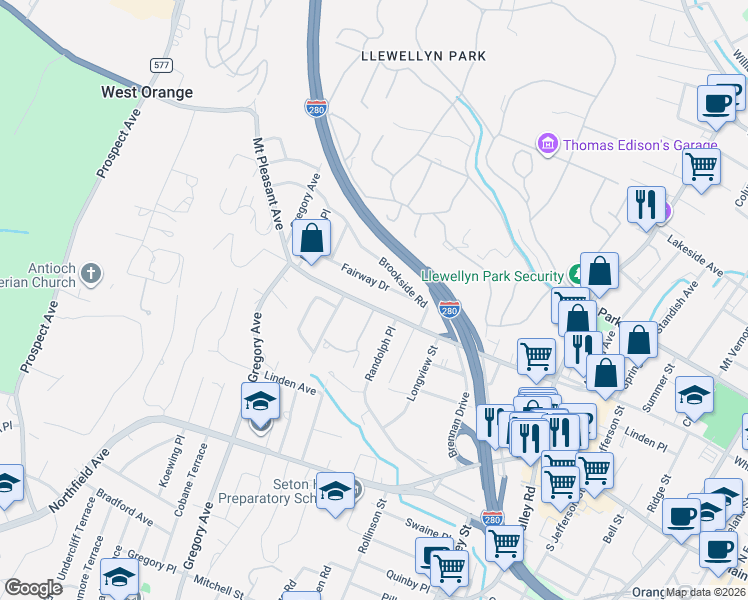 map of restaurants, bars, coffee shops, grocery stores, and more near 26 Fairway Drive in West Orange