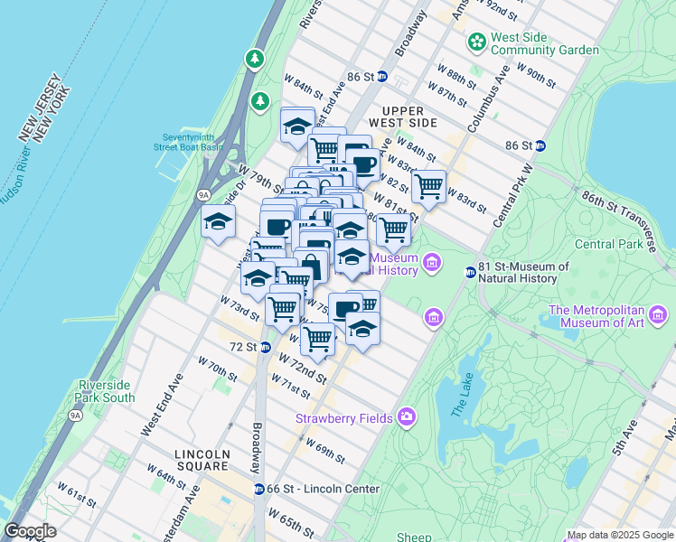 map of restaurants, bars, coffee shops, grocery stores, and more near West 77th Street in New York