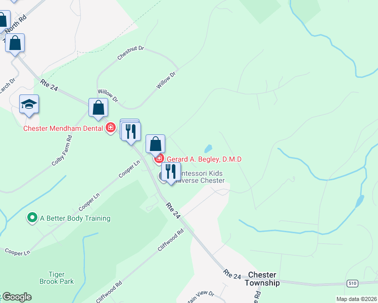 map of restaurants, bars, coffee shops, grocery stores, and more near 3 Esther Court in Chester