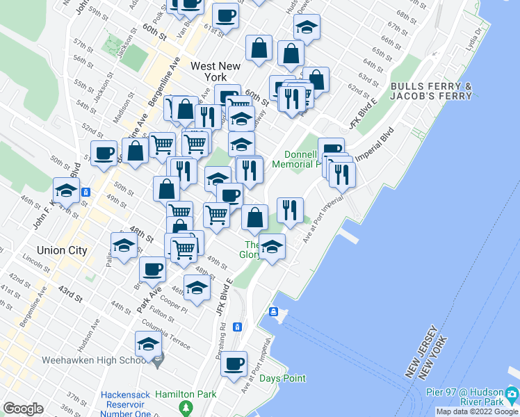 map of restaurants, bars, coffee shops, grocery stores, and more near 5404 Park Avenue in West New York