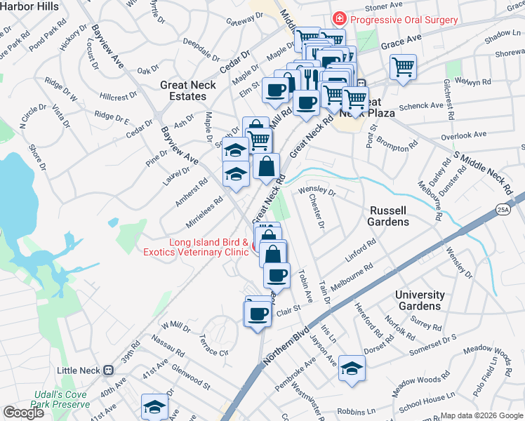 map of restaurants, bars, coffee shops, grocery stores, and more near Great Neck Road in Great Neck