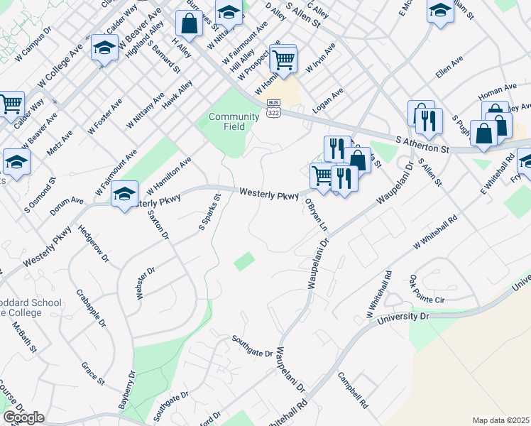 map of restaurants, bars, coffee shops, grocery stores, and more near 650 Westerly Parkway in State College