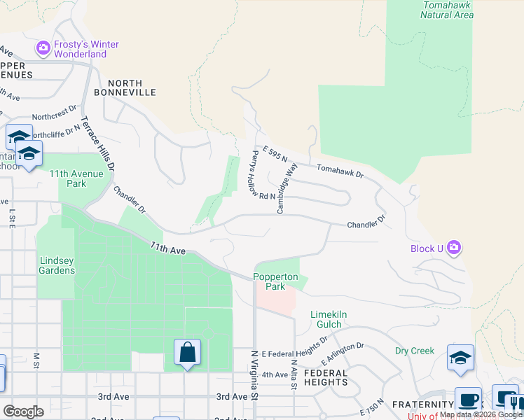 map of restaurants, bars, coffee shops, grocery stores, and more near 523 North Perrys Hollow Road in Salt Lake City