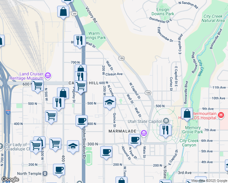 map of restaurants, bars, coffee shops, grocery stores, and more near 582 North Center Street in Salt Lake City