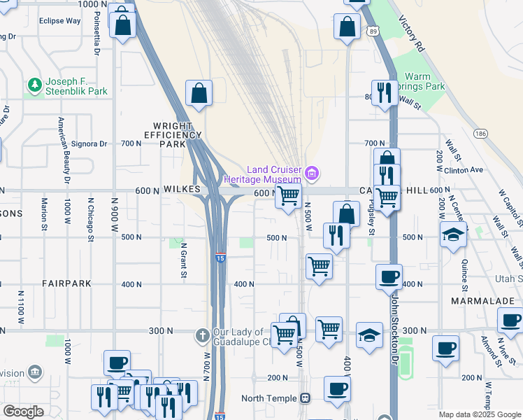 map of restaurants, bars, coffee shops, grocery stores, and more near 561 West 600 North in Salt Lake City