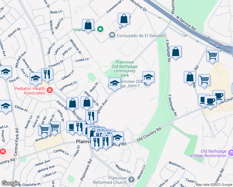 map of restaurants, bars, coffee shops, grocery stores, and more near 144 Washington Avenue in Plainview